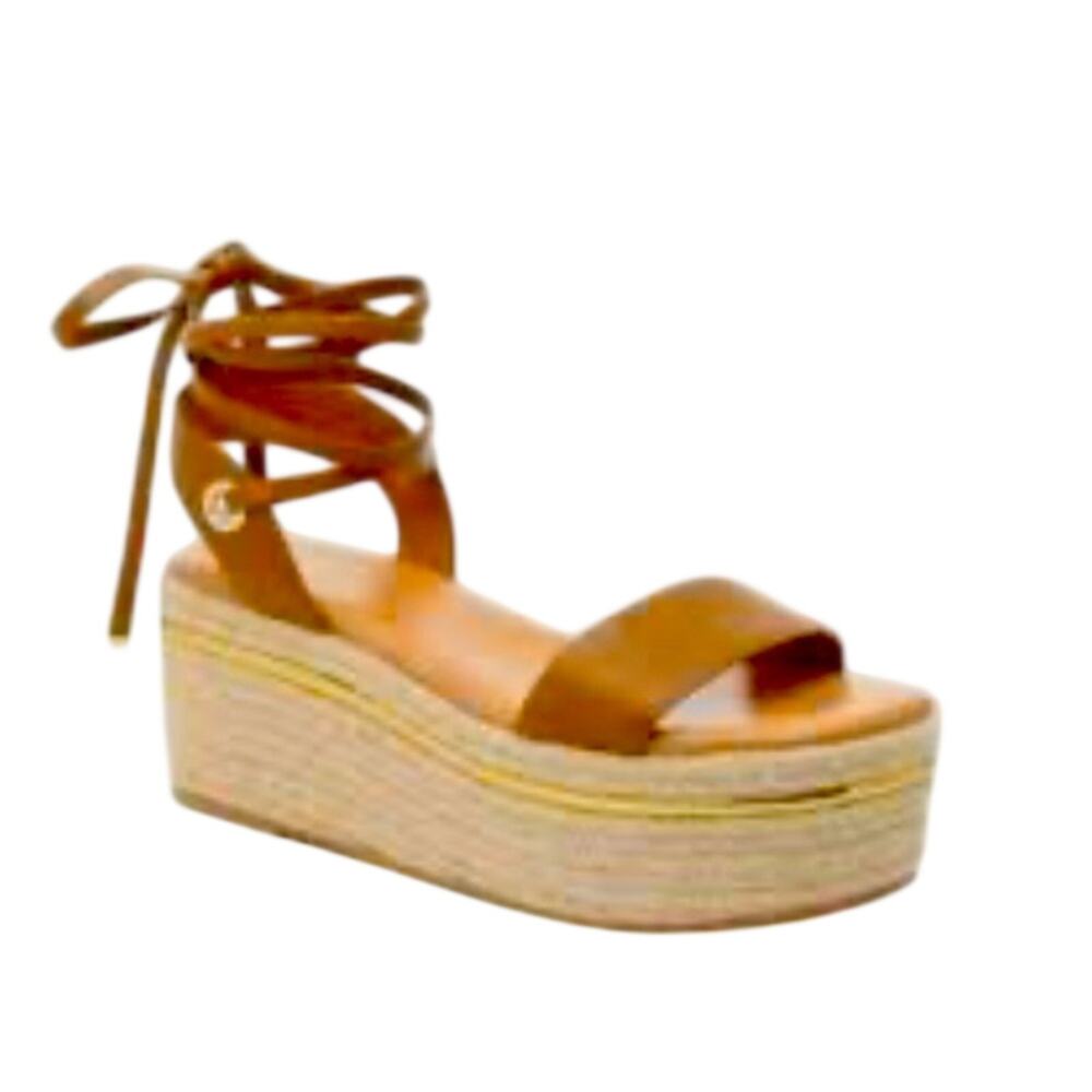 Bleeker and Bond Womens 9.5 Leather Espadrilles Camel Brown Gold Ankle Tie Beach